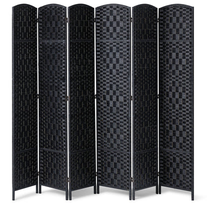 6 Panel Room Divider Handwoven Foldable Privacy Screen with Hinges Black