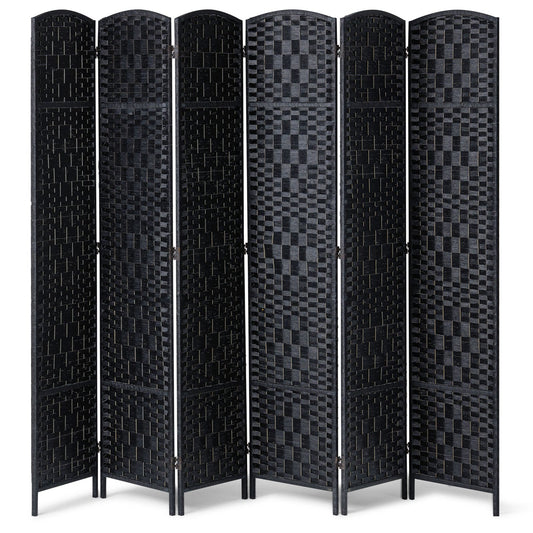6 Panel Room Divider Handwoven Foldable Privacy Screen with Hinges Black