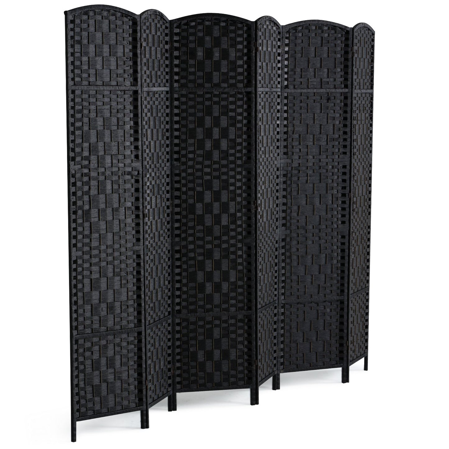 6 Panel Room Divider Handwoven Foldable Privacy Screen with Hinges Black