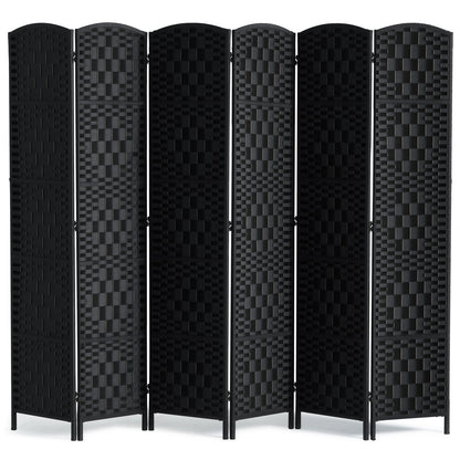 6 Panel Room Divider Handwoven Foldable Privacy Screen with Hinges Black