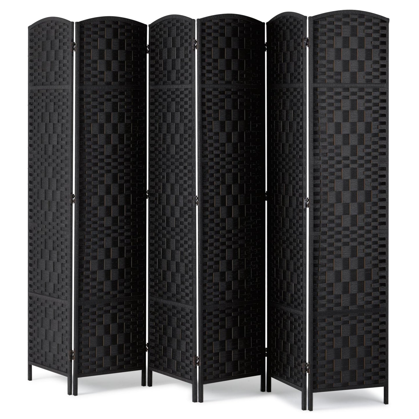 6 Panel Room Divider Handwoven Foldable Privacy Screen with Hinges Black