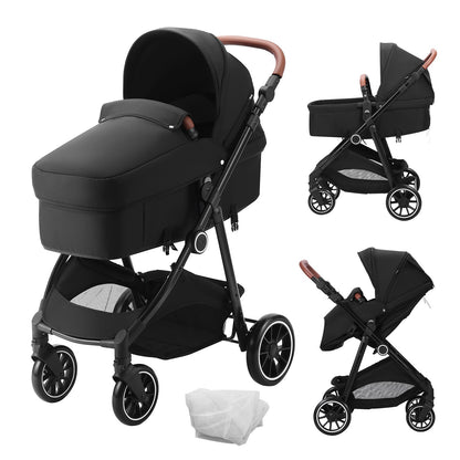 Standard-Kinderwagen, Kleinkinder-Kinderwagen mit Babywanne, verstellbarer Rückenlehne für den 3. Gang und klappbarem und umkehrbarem Sitz, Kinderwagen für Neugeborene aus Karbonstahl mit Beinschutz und Netz, Schwarz