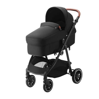 Standard-Kinderwagen, Kleinkinder-Kinderwagen mit Babywanne, verstellbarer Rückenlehne für den 3. Gang und klappbarem und umkehrbarem Sitz, Kinderwagen für Neugeborene aus Karbonstahl mit Beinschutz und Netz, Schwarz