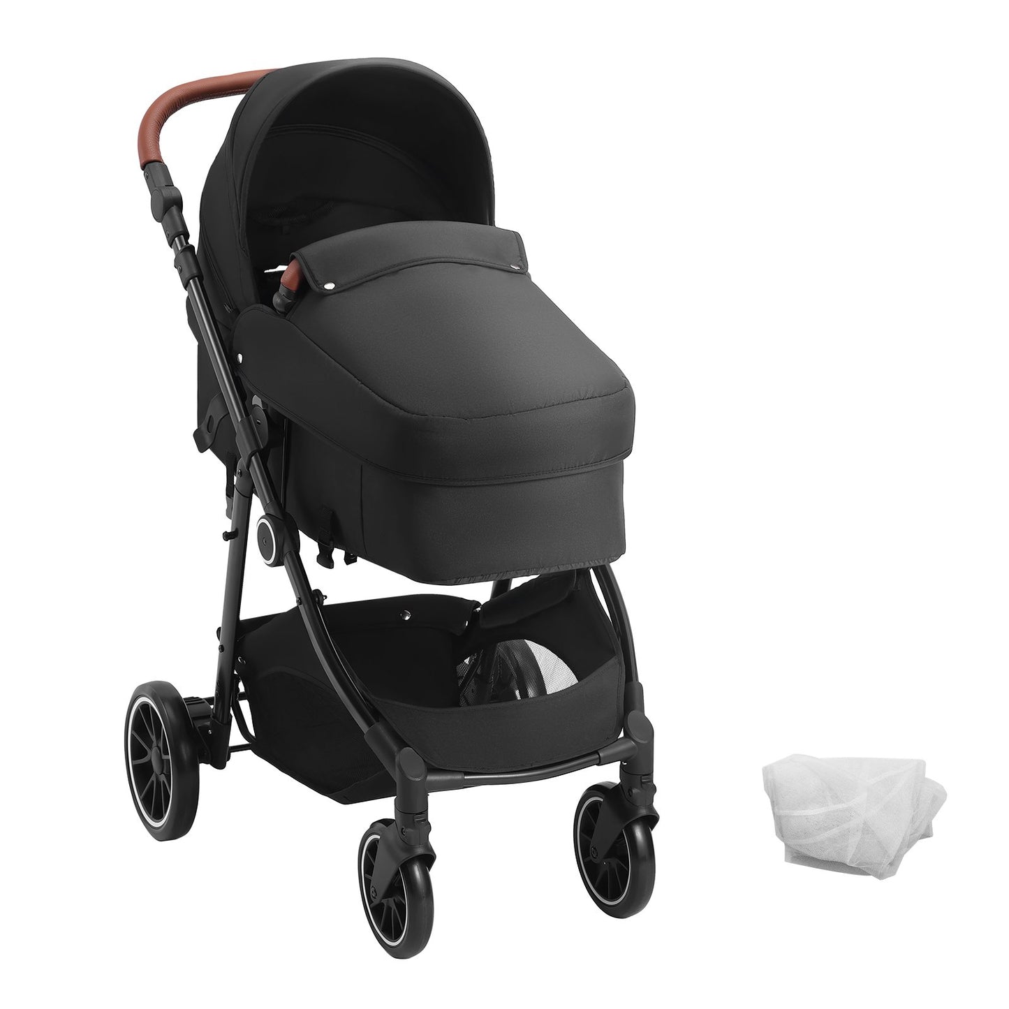 Standard-Kinderwagen, Kleinkinder-Kinderwagen mit Babywanne, verstellbarer Rückenlehne für den 3. Gang und klappbarem und umkehrbarem Sitz, Kinderwagen für Neugeborene aus Karbonstahl mit Beinschutz und Netz, Schwarz