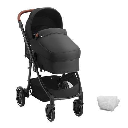 Standard-Kinderwagen, Kleinkinder-Kinderwagen mit Babywanne, verstellbarer Rückenlehne für den 3. Gang und klappbarem und umkehrbarem Sitz, Kinderwagen für Neugeborene aus Karbonstahl mit Beinschutz und Netz, Schwarz