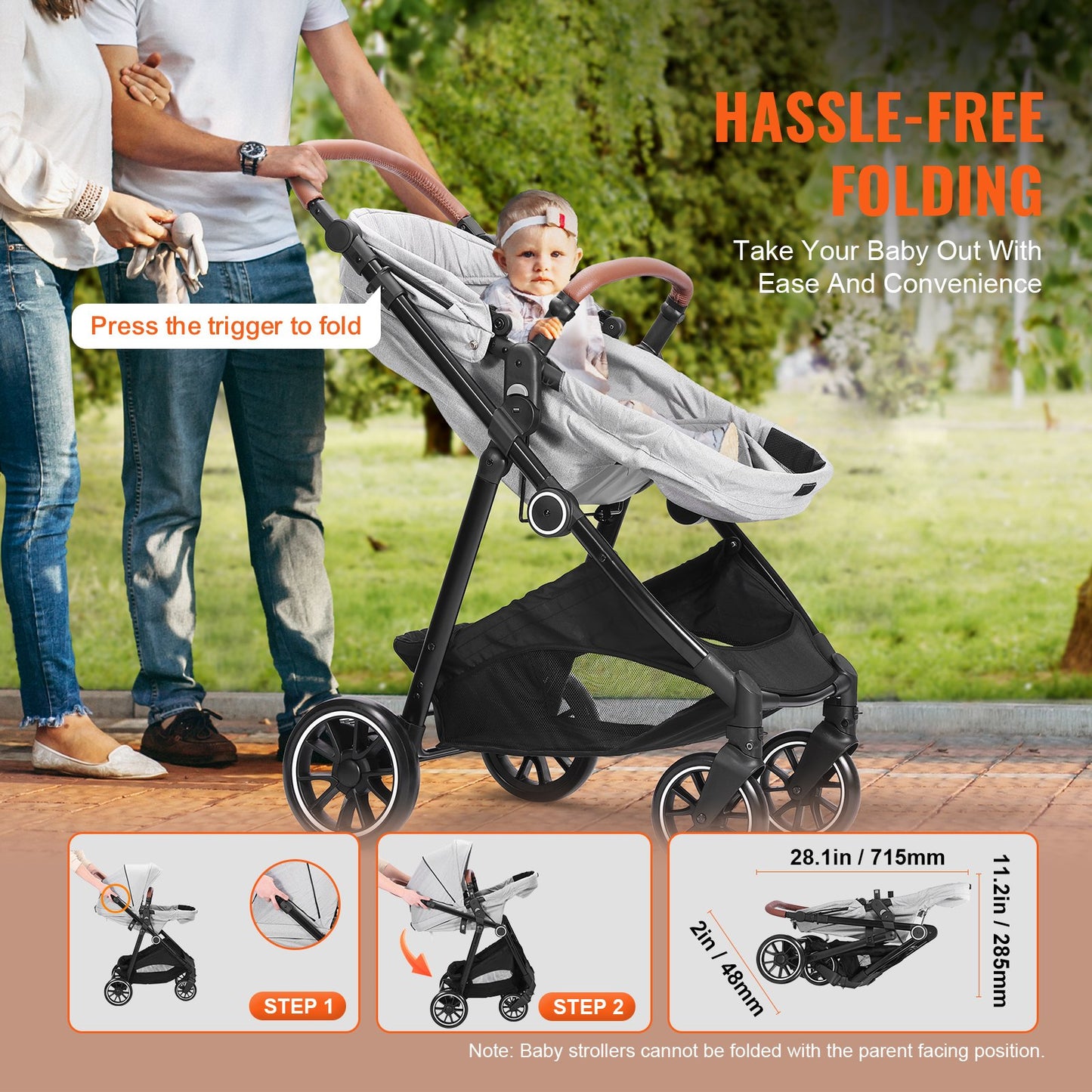 Standard Babyvagn, Barnvagn för småbarn med Bassinet, 3:e växelns justerbara ryggstöd & hopfällbar och vändbar sits, Carbon Steel Newborn Barnvagn med Benskydd och Mesh-nät, Ljusgrå