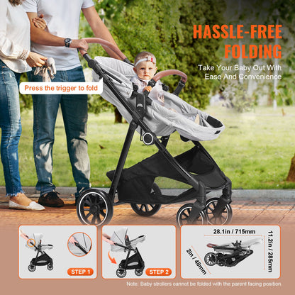 Standard Babyvagn, Barnvagn för småbarn med Bassinet, 3:e växelns justerbara ryggstöd & hopfällbar och vändbar sits, Carbon Steel Newborn Barnvagn med Benskydd och Mesh-nät, Ljusgrå