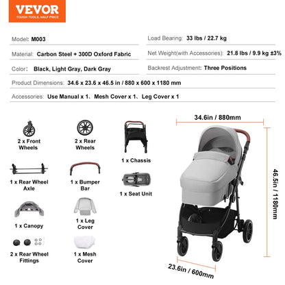 Standard Babyvagn, Barnvagn för småbarn med Bassinet, 3:e växelns justerbara ryggstöd & hopfällbar och vändbar sits, Carbon Steel Newborn Barnvagn med Benskydd och Mesh-nät, Ljusgrå