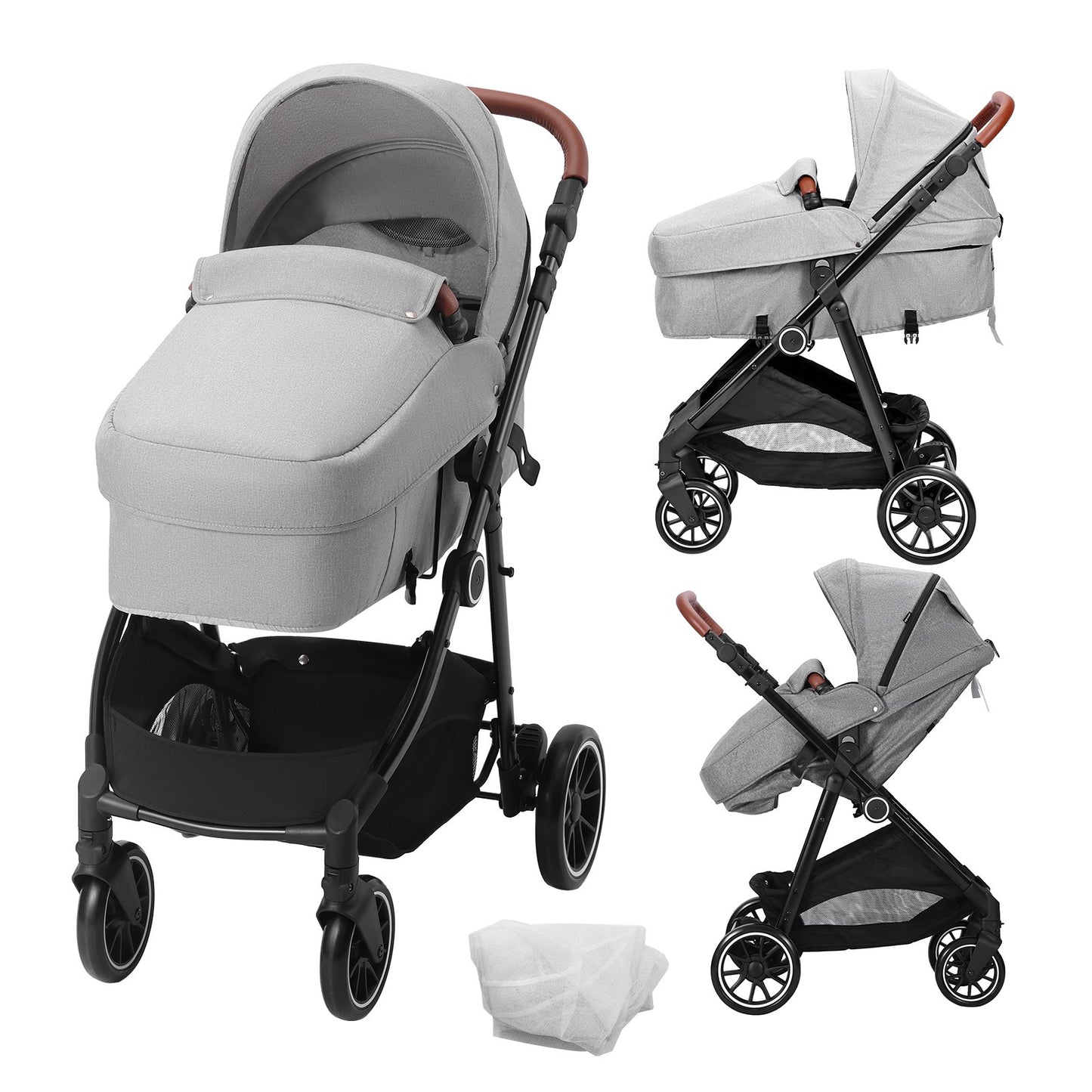 Standard Babyvagn, Barnvagn för småbarn med Bassinet, 3:e växelns justerbara ryggstöd & hopfällbar och vändbar sits, Carbon Steel Newborn Barnvagn med Benskydd och Mesh-nät, Ljusgrå