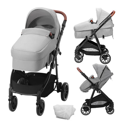 Standard Babyvagn, Barnvagn för småbarn med Bassinet, 3:e växelns justerbara ryggstöd & hopfällbar och vändbar sits, Carbon Steel Newborn Barnvagn med Benskydd och Mesh-nät, Ljusgrå