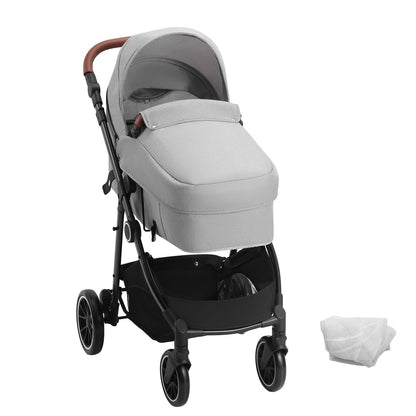Standard Babyvagn, Barnvagn för småbarn med Bassinet, 3:e växelns justerbara ryggstöd & hopfällbar och vändbar sits, Carbon Steel Newborn Barnvagn med Benskydd och Mesh-nät, Ljusgrå