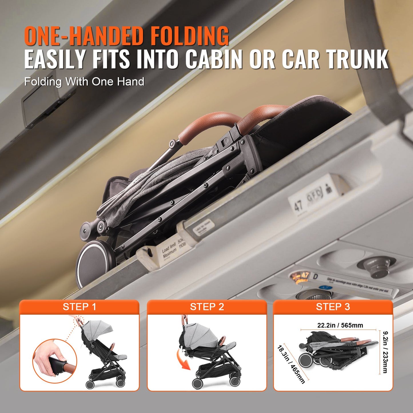 Standard Spädbarnsvagn, Småbarnsvagn med 95°-175° Justerbart ryggstöd & & 0/90° Justerbart Fotstöd & One-Click Folding, Newborn Barnvagn med Mugghållare och Bärväska, Mörkgrå