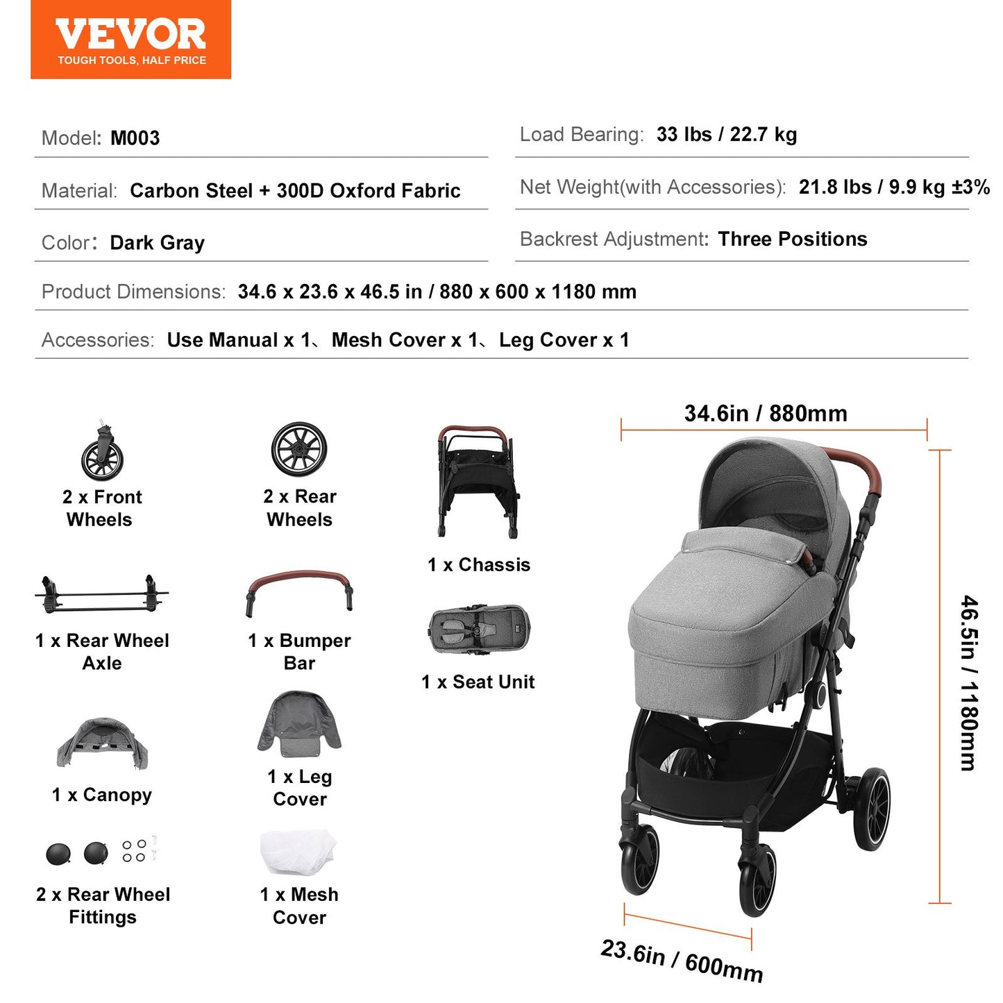 Standard Barnvagn, Barnvagn för småbarn med Bassinet, 3:e växelns justerbara ryggstöd & hopfällbar och vändbar sits, Carbon Steel Newborn Barnvagn med Benskydd och Mesh-nät, Mörkgrå