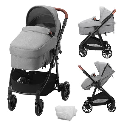 Standard Barnvagn, Barnvagn för småbarn med Bassinet, 3:e växelns justerbara ryggstöd & hopfällbar och vändbar sits, Carbon Steel Newborn Barnvagn med Benskydd och Mesh-nät, Mörkgrå
