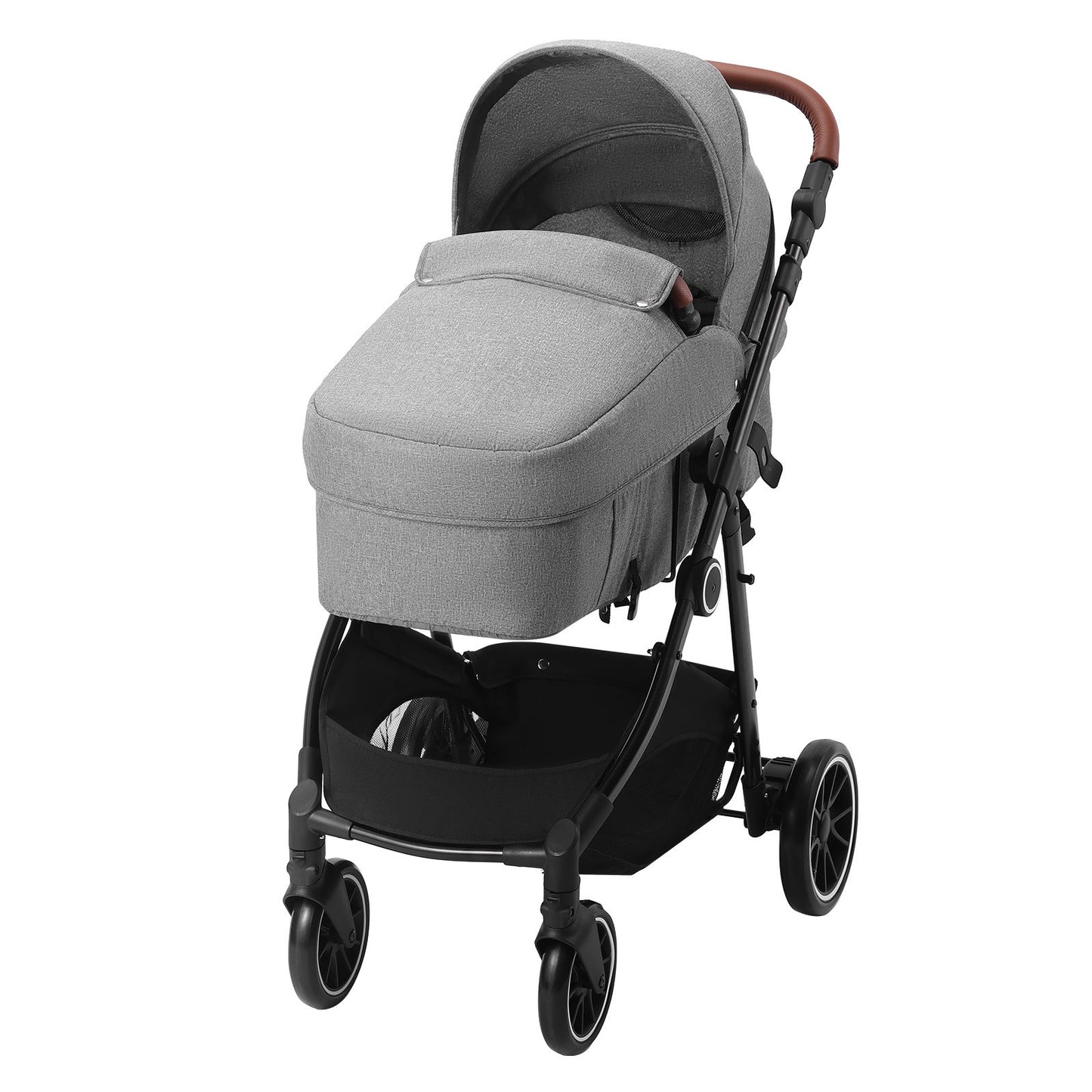 Standard Barnvagn, Barnvagn för småbarn med Bassinet, 3:e växelns justerbara ryggstöd & hopfällbar och vändbar sits, Carbon Steel Newborn Barnvagn med Benskydd och Mesh-nät, Mörkgrå