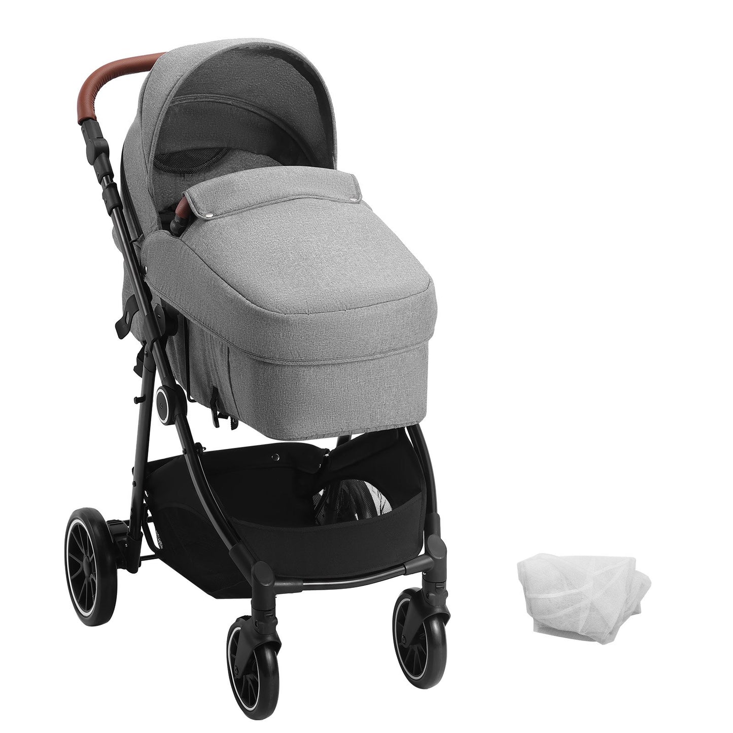 Standard Barnvagn, Barnvagn för småbarn med Bassinet, 3:e växelns justerbara ryggstöd & hopfällbar och vändbar sits, Carbon Steel Newborn Barnvagn med Benskydd och Mesh-nät, Mörkgrå