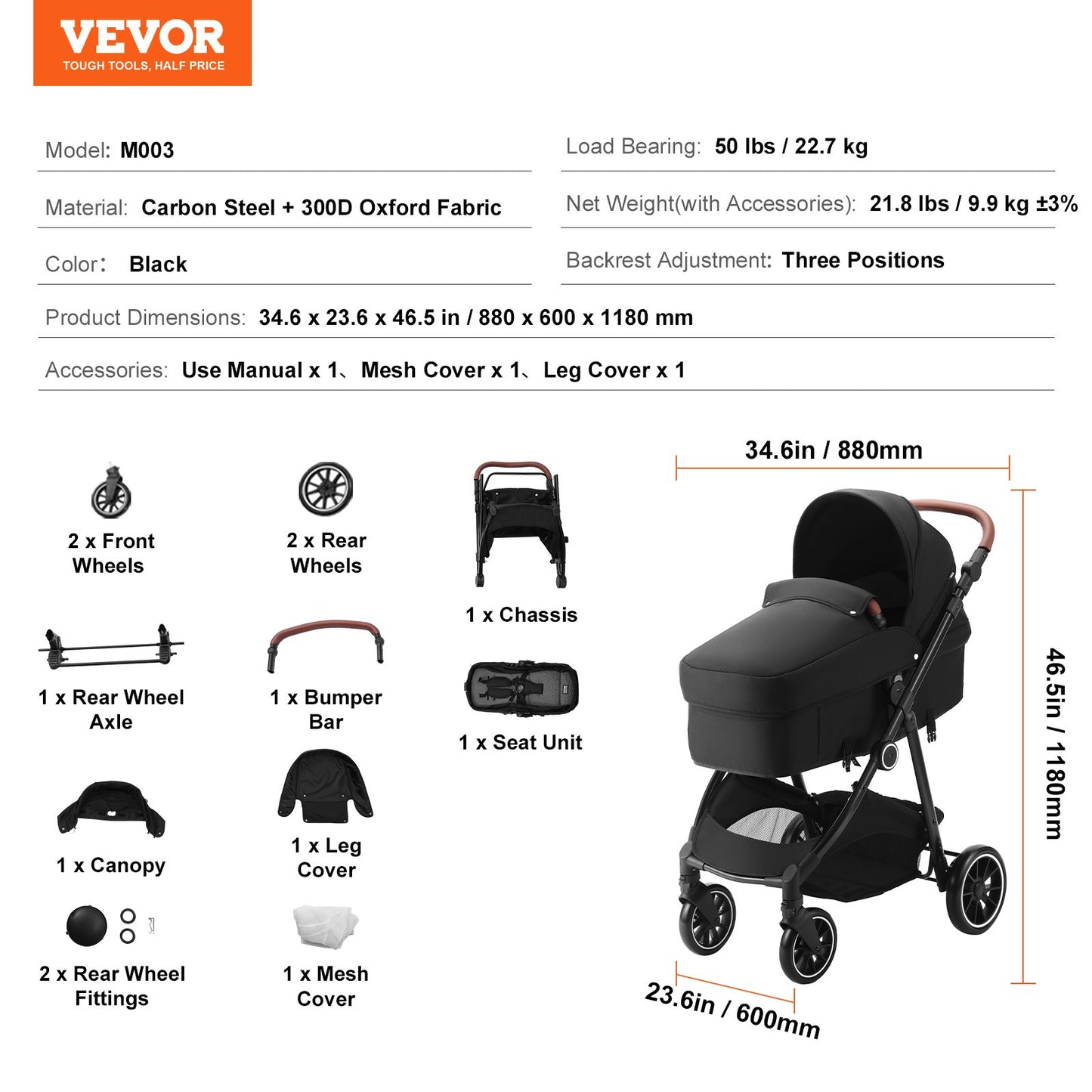 Standard Baby Stroller, Infant Toddler Stroller with Bassinet, 3rd-Gear Adjustable Backrest & Foldable & Reversible Seat, Carbon Steel Newborn Stroller with Leg Cover and Mesh Net, Black