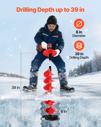 Ice Auger Drill Bit, 8in Diameter 39in Length, Cordless Nylon Ice Fishing Augers With Extra 13.4in Extension Rod, Drill Adapter, Top Plate and Blade Guard