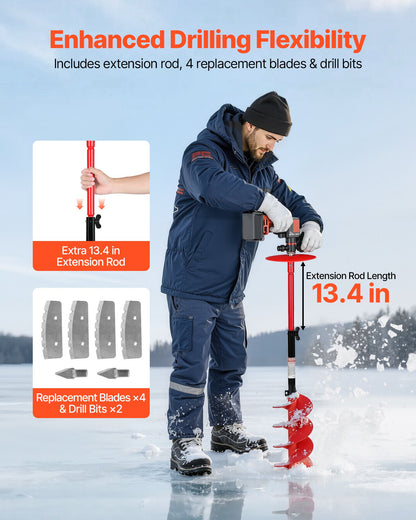 Ice Auger Drill Bit, 8in Diameter 39in Length, Cordless Nylon Ice Fishing Augers With Extra 13.4in Extension Rod, Drill Adapter, Top Plate and Blade Guard