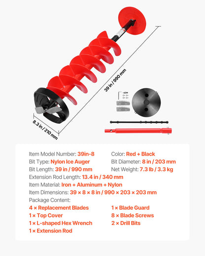 Ice Auger Drill Bit, 8in Diameter 39in Length, Cordless Nylon Ice Fishing Augers With Extra 13.4in Extension Rod, Drill Adapter, Top Plate and Blade Guard