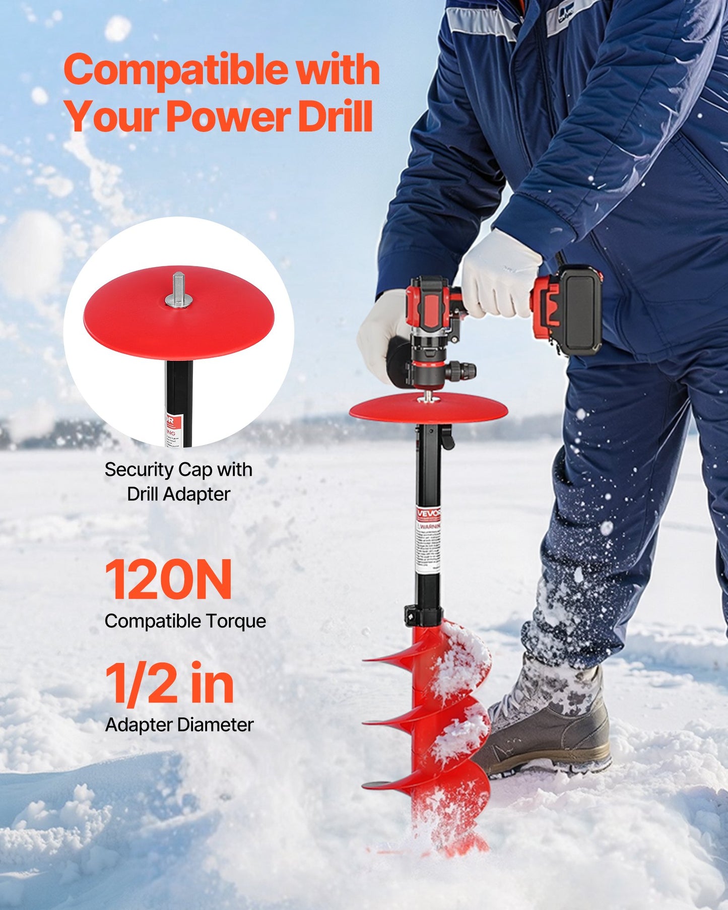 Ice Auger Drill Bit, 8in Diameter 41in Length, Cordless Nylon Ice Fishing Augers With Extra 13.4in Extension Rod, Drill Adapter, Top Plate and Blade Guard