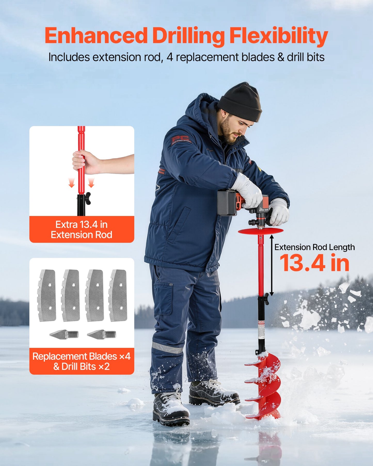 Ice Auger Drill Bit, 8in Diameter 41in Length, Cordless Nylon Ice Fishing Augers With Extra 13.4in Extension Rod, Drill Adapter, Top Plate and Blade Guard