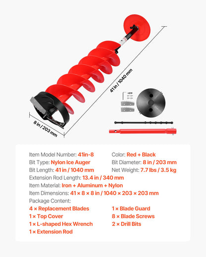 Ice Auger Drill Bit, 8in Diameter 41in Length, Cordless Nylon Ice Fishing Augers With Extra 13.4in Extension Rod, Drill Adapter, Top Plate and Blade Guard