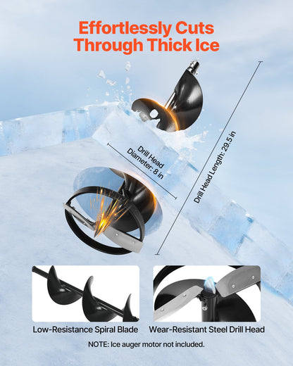 Ice Auger Drill Bit, 8" Dia. High-Strength Steel Ice Fishing Augers, Weather-Resistant Spiral Drill Bits Replacement with Center Tip, Compatible with Electric/ Gas Powered Augers