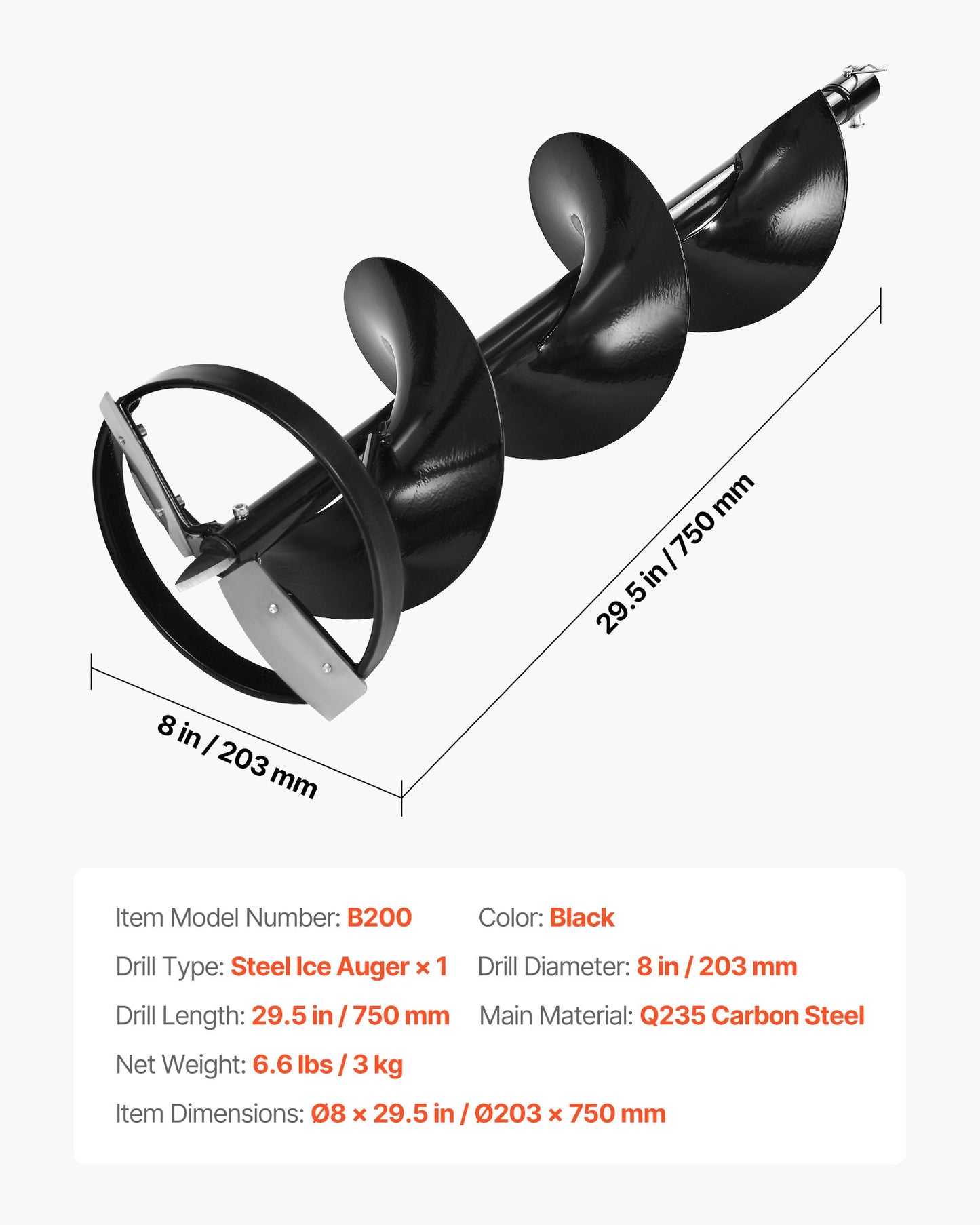 Ice Auger Drill Bit, 8" Dia. High-Strength Steel Ice Fishing Augers, Weather-Resistant Spiral Drill Bits Replacement with Center Tip, Compatible with Electric/ Gas Powered Augers