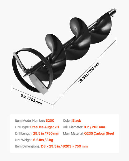 Ice Auger Drill Bit, 8" Dia. High-Strength Steel Ice Fishing Augers, Weather-Resistant Spiral Drill Bits Replacement with Center Tip, Compatible with Electric/ Gas Powered Augers