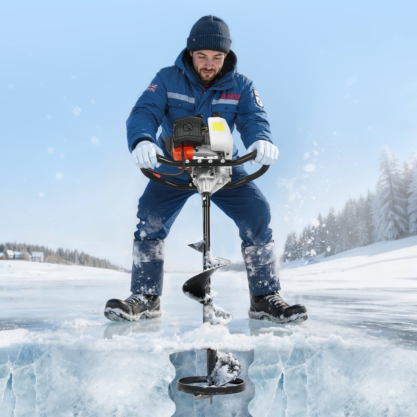 Ice Auger Drill Bit, 8" Dia. High-Strength Steel Ice Fishing Augers, Weather-Resistant Spiral Drill Bits Replacement with Center Tip, Compatible with Electric/ Gas Powered Augers