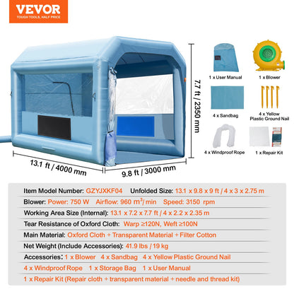 Inflatable Paint Booth, 13.1 x 9.8 x 9 ft Inflatable Spray Booth, with 750W Powerful Blower and Air Filter System, Portable Car Paint Booth for Motorcycle, Bicycle, Auto Part Painting