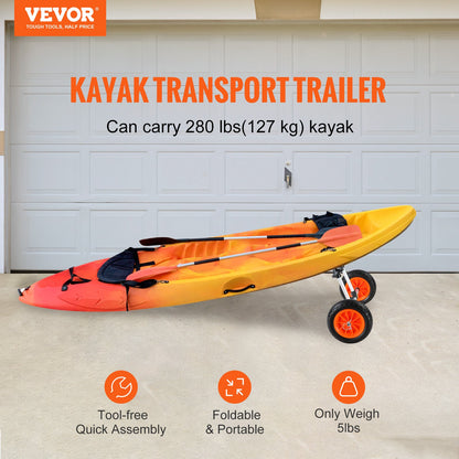 Heavy Duty Kayak Cart, 280lbs Load Capacity, Detachable Canoe Trolley Cart with 10'' Solid Tires, Adjustable Width & Top Foam Protection, for Kayaks with Drain Holes of 2.54 cm and Above