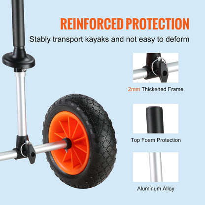 Heavy Duty Kayak Cart, 280lbs Load Capacity, Detachable Canoe Trolley Cart with 10'' Solid Tires, Adjustable Width & Top Foam Protection, for Kayaks with Drain Holes of 2.54 cm and Above