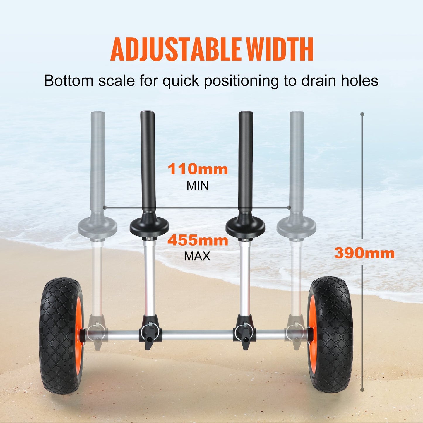 Heavy Duty Kayak Cart, 280lbs Load Capacity, Detachable Canoe Trolley Cart with 10'' Solid Tires, Adjustable Width & Top Foam Protection, for Kayaks with Drain Holes of 2.54 cm and Above