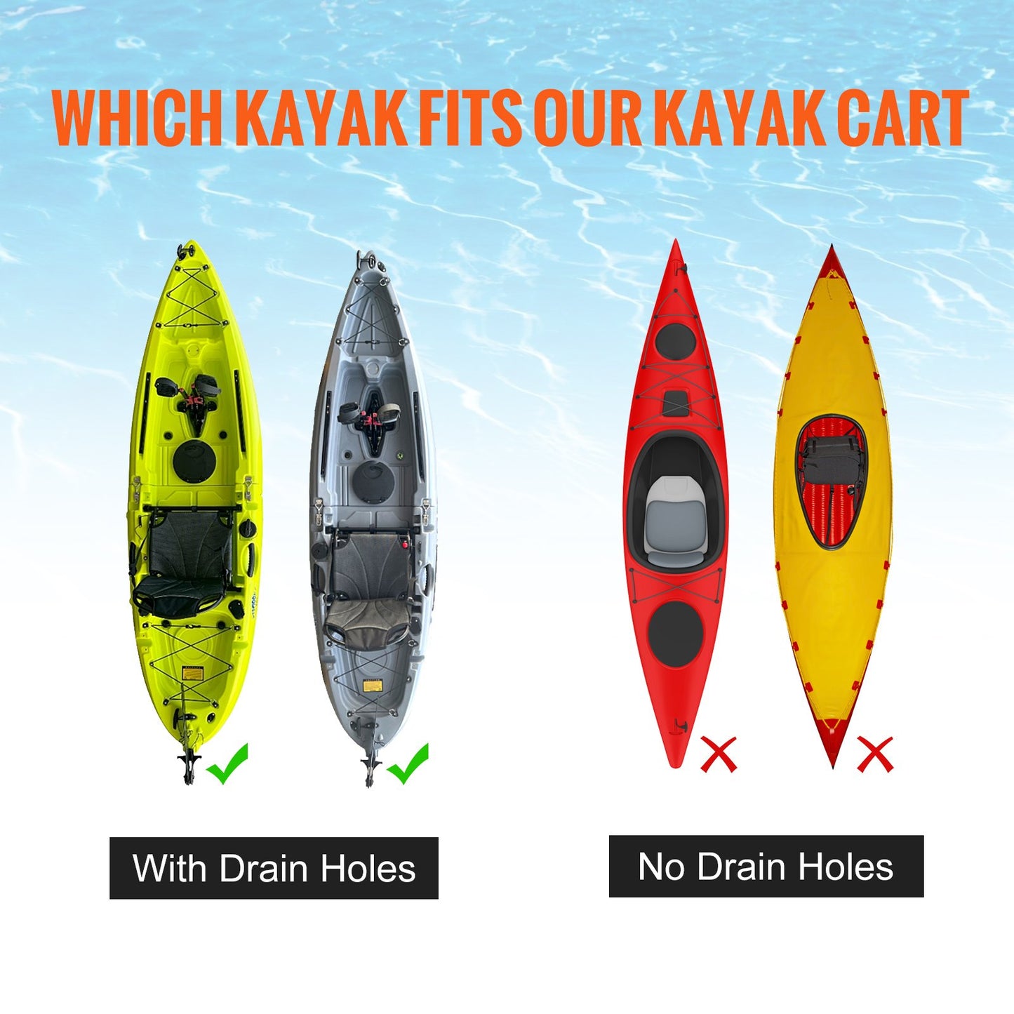 Heavy Duty Kayak Cart, 280lbs Load Capacity, Detachable Canoe Trolley Cart with 10'' Solid Tires, Adjustable Width & Top Foam Protection, for Kayaks with Drain Holes of 2.54 cm and Above