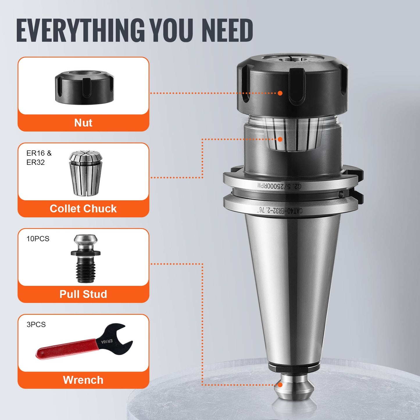 CAT40 Spännhylshållare ER 16/32 Spännhylsa Set, 35 st, SLN FMB ER16/32 APU Verktygshållare Fjäderstål Spännhylsa Chuckar med 10 dragbultar och 3 skiftnycklar, för Fräsmaskin Borrpressar Borrmaskin