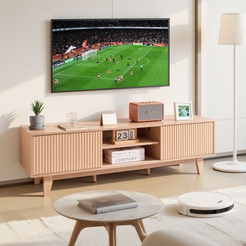 TV Stand, Boho Entertainment Center for TVs up to 59 in, 350 lbs Load Capacity, TV Media Console Table with Adjustable Open Storage Shelves & Sliding Door for Living Room, Bedroom, Burlywood