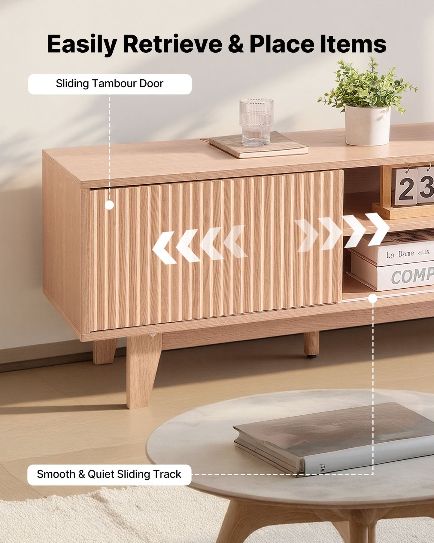 TV Stand, Boho Entertainment Center for TVs up to 59 in, 350 lbs Load Capacity, TV Media Console Table with Adjustable Open Storage Shelves & Sliding Door for Living Room, Bedroom, Burlywood