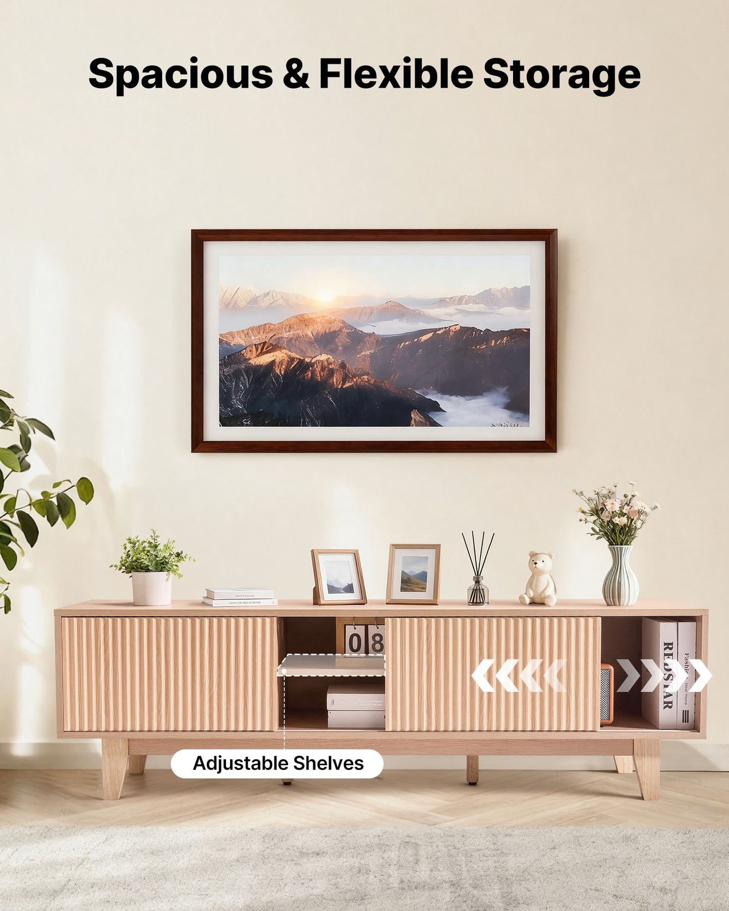 TV Stand, Boho Entertainment Center for TVs up to 59 in, 350 lbs Load Capacity, TV Media Console Table with Adjustable Open Storage Shelves & Sliding Door for Living Room, Bedroom, Burlywood