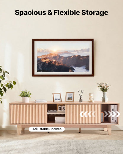 TV Stand, Boho Entertainment Center for TVs up to 59 in, 350 lbs Load Capacity, TV Media Console Table with Adjustable Open Storage Shelves & Sliding Door for Living Room, Bedroom, Burlywood