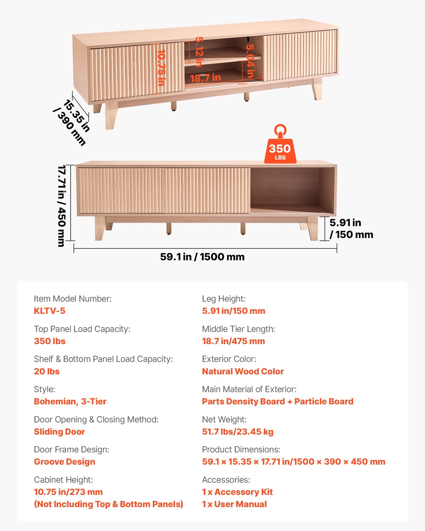 TV Stand, Boho Entertainment Center for TVs up to 59 in, 350 lbs Load Capacity, TV Media Console Table with Adjustable Open Storage Shelves & Sliding Door for Living Room, Bedroom, Burlywood