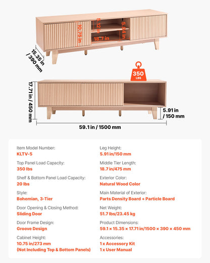TV Stand, Boho Entertainment Center for TVs up to 59 in, 350 lbs Load Capacity, TV Media Console Table with Adjustable Open Storage Shelves & Sliding Door for Living Room, Bedroom, Burlywood