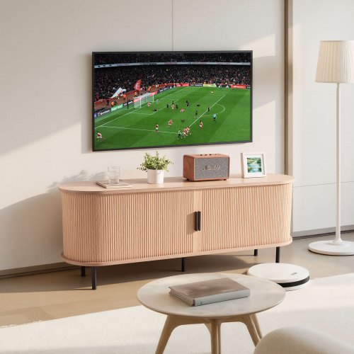 TV Stand, Boho Entertainment Center for TVs up to 58 in, 350 lbs Load, TV Media Console Table with Adjustable Storage Shelves and Rolling Door, Television Stand for Living Room, Bedroom, Burlywood