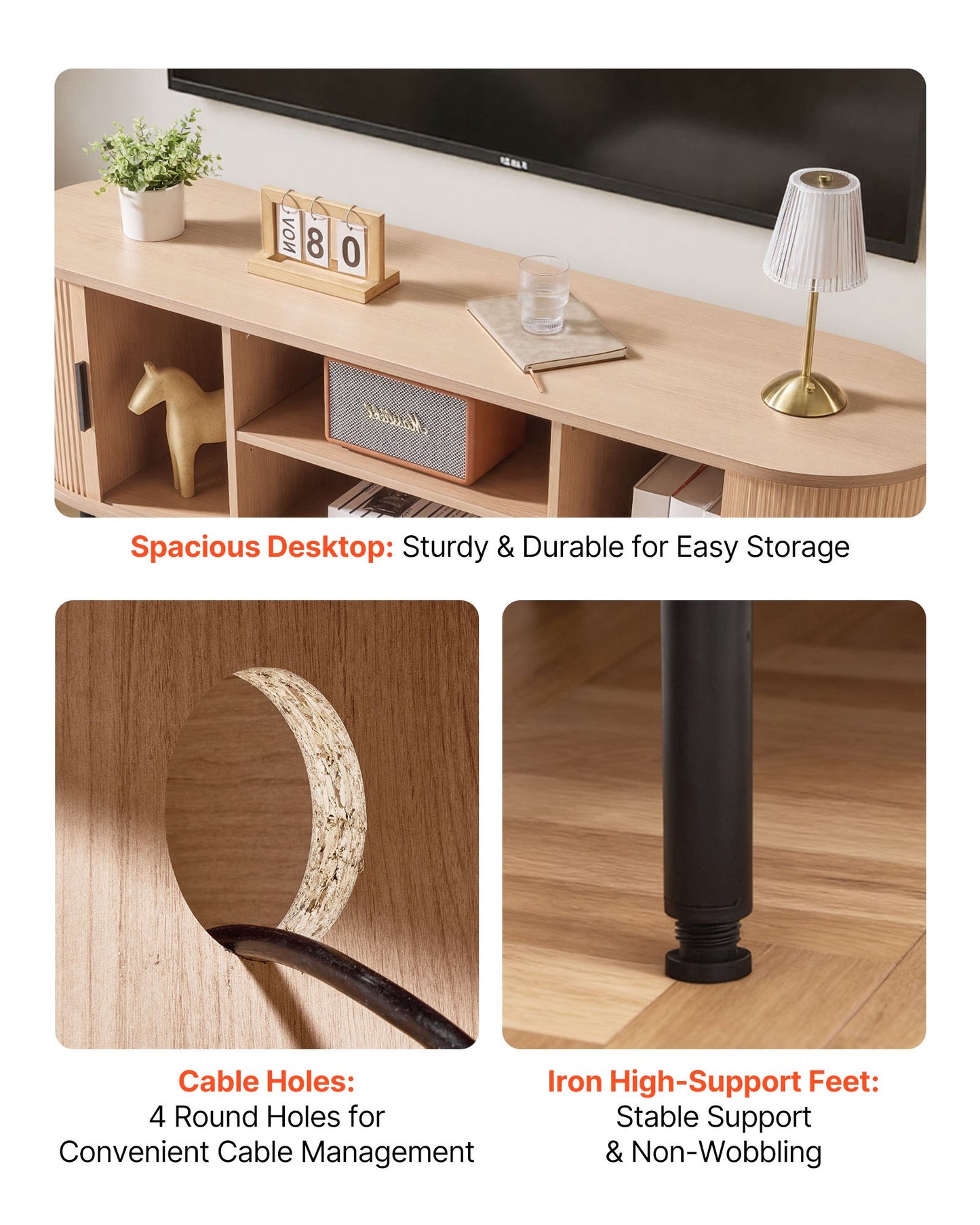 TV Stand, Boho Entertainment Center for TVs up to 58 in, 350 lbs Load, TV Media Console Table with Adjustable Storage Shelves and Rolling Door, Television Stand for Living Room, Bedroom, Burlywood