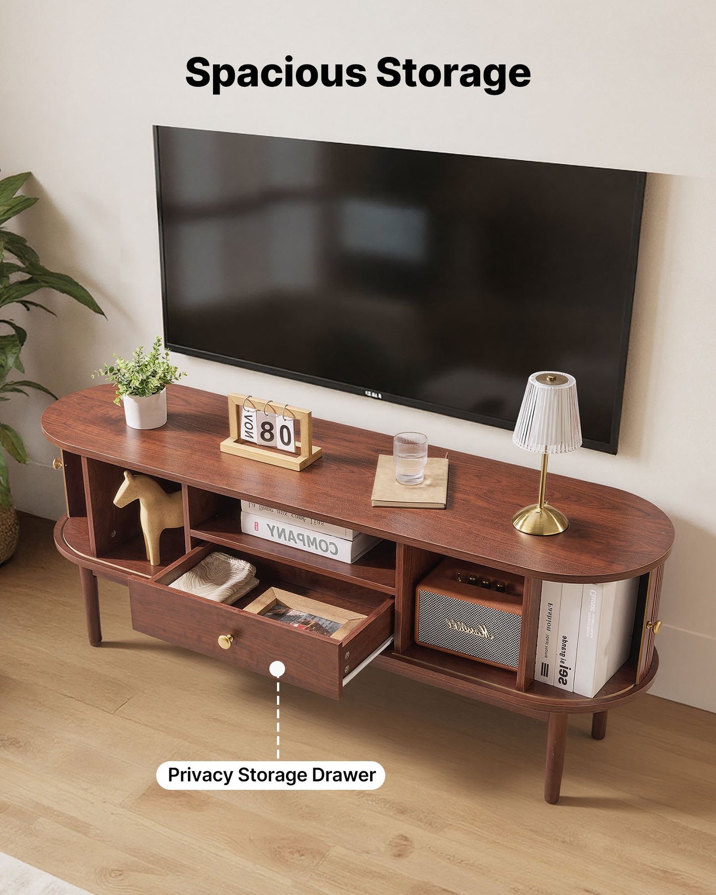 TV Stand, Mid Century Modern Entertainment Center for TVs up to 58 in, 350 lbs Load Capacity, TV Media Console Table with Drawer, Open Storage Shelves & Rolling Door for Living Room, Bedroom