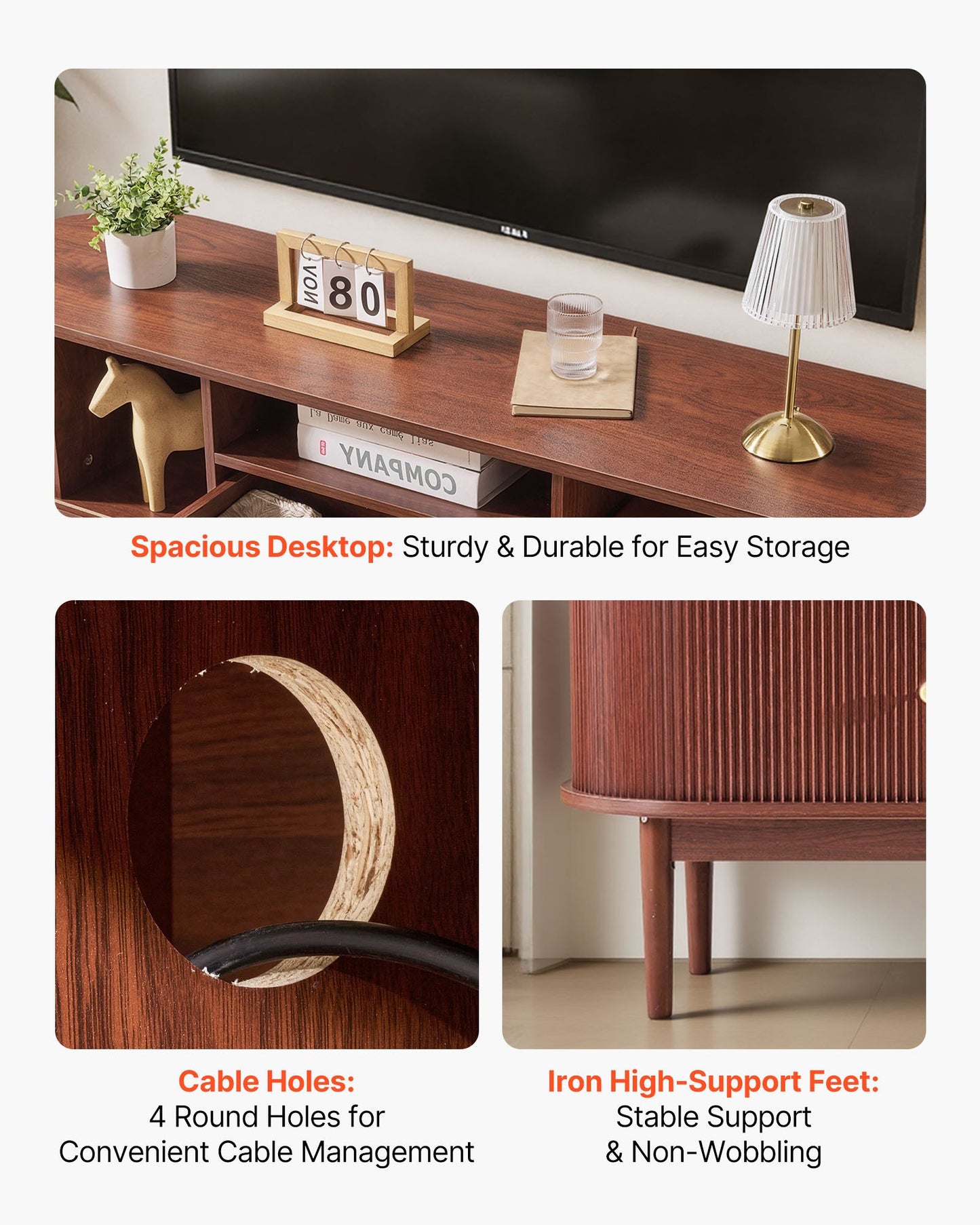 TV Stand, Mid Century Modern Entertainment Center for TVs up to 58 in, 350 lbs Load Capacity, TV Media Console Table with Drawer, Open Storage Shelves & Rolling Door for Living Room, Bedroom