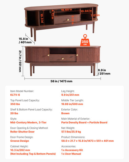 TV Stand, Mid Century Modern Entertainment Center for TVs up to 58 in, 350 lbs Load Capacity, TV Media Console Table with Drawer, Open Storage Shelves & Rolling Door for Living Room, Bedroom