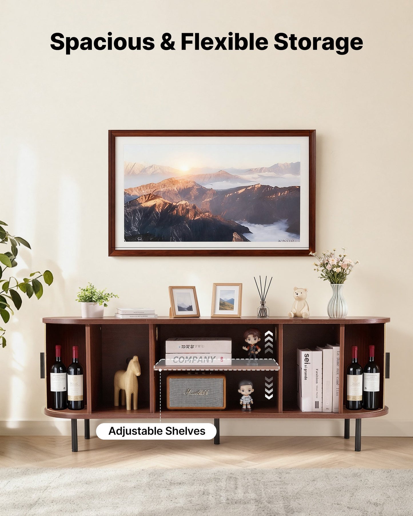 TV Stand, Boho Entertainment Center for TVs up to 58 in, 350 lbs Load, TV Media Console Table with Adjustable Storage Shelves & Rolling Door, Television Stand for Living Room, Bedroom, Brown