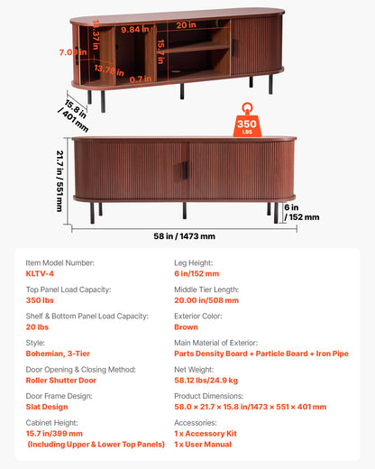 TV Stand, Boho Entertainment Center for TVs up to 58 in, 350 lbs Load, TV Media Console Table with Adjustable Storage Shelves & Rolling Door, Television Stand for Living Room, Bedroom, Brown